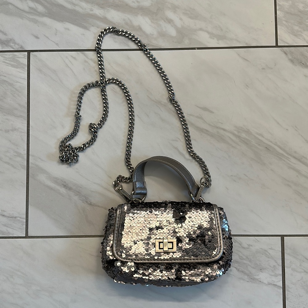 Steve Madden Crossbody Hand Bag Pewter Silver Blairr Sequin Chain